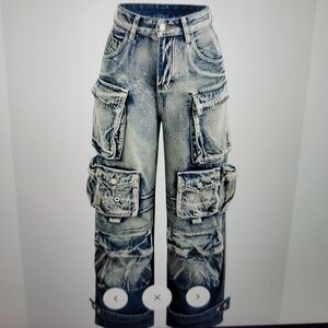 Women's Ombre Multi Pocket Wide Leg Blue Cargo Jeans